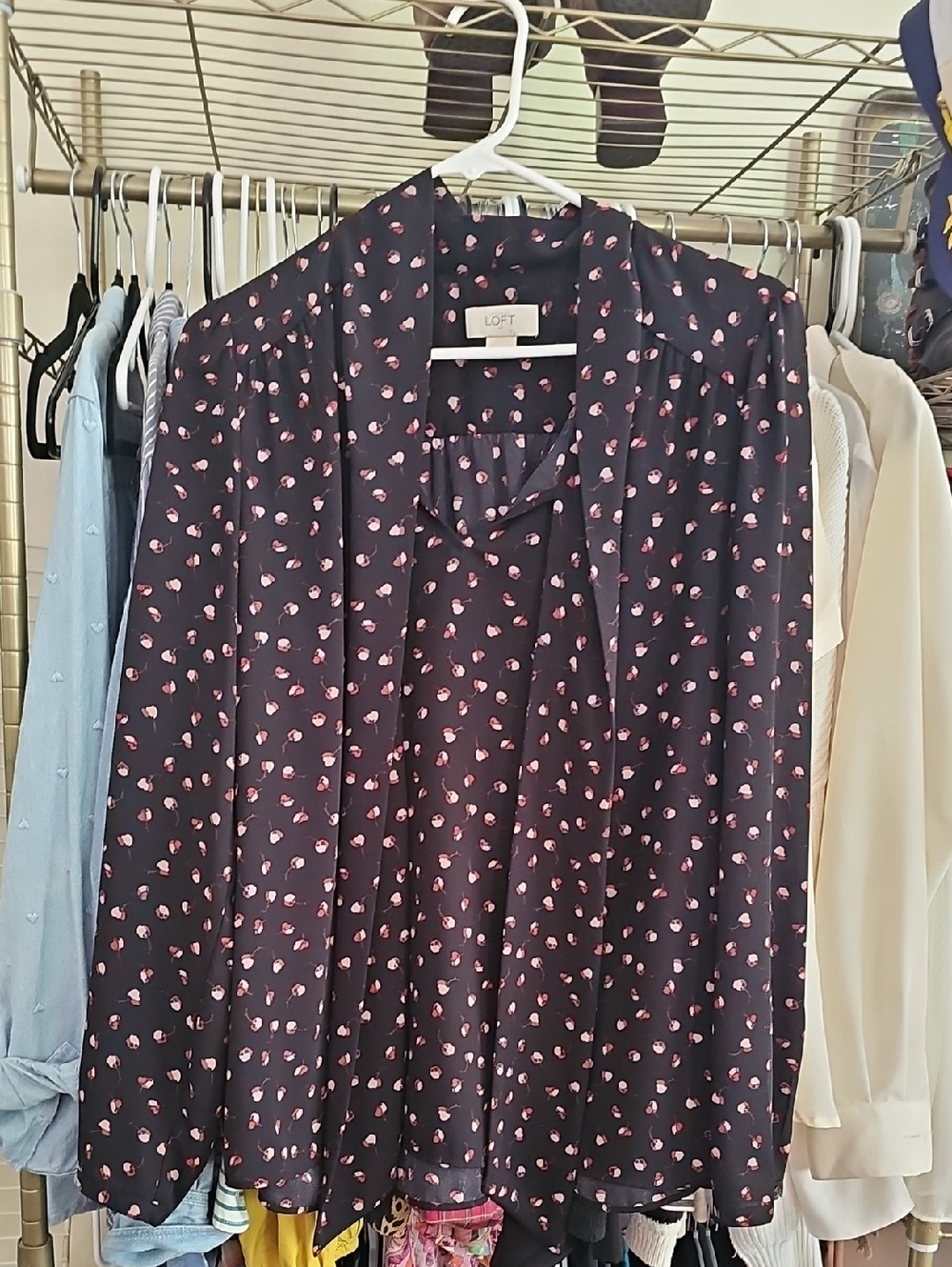 LOFT Navy Blouse with Pink Dot Floral Print